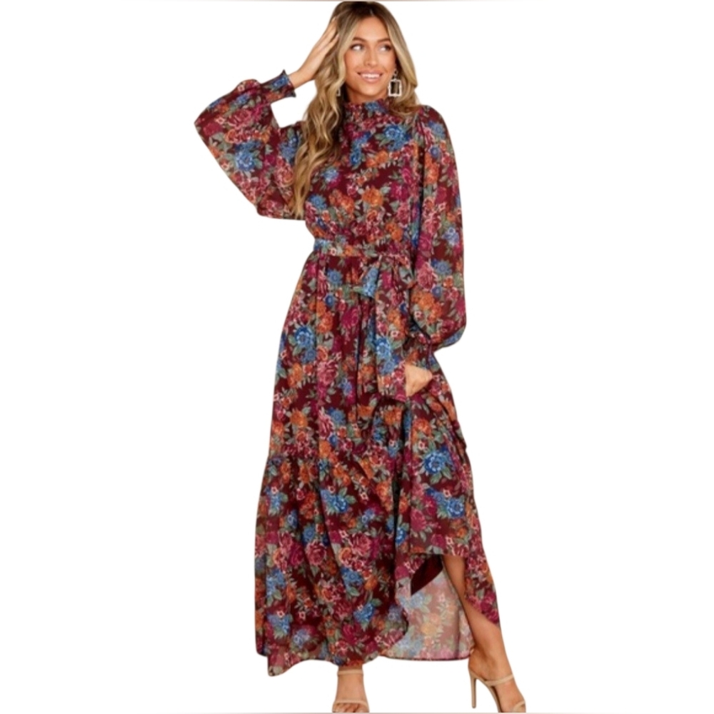 Free People AURA Floral Maxi Dress Burgundy Boho Mock Neck Lantern Sleeve Tiered